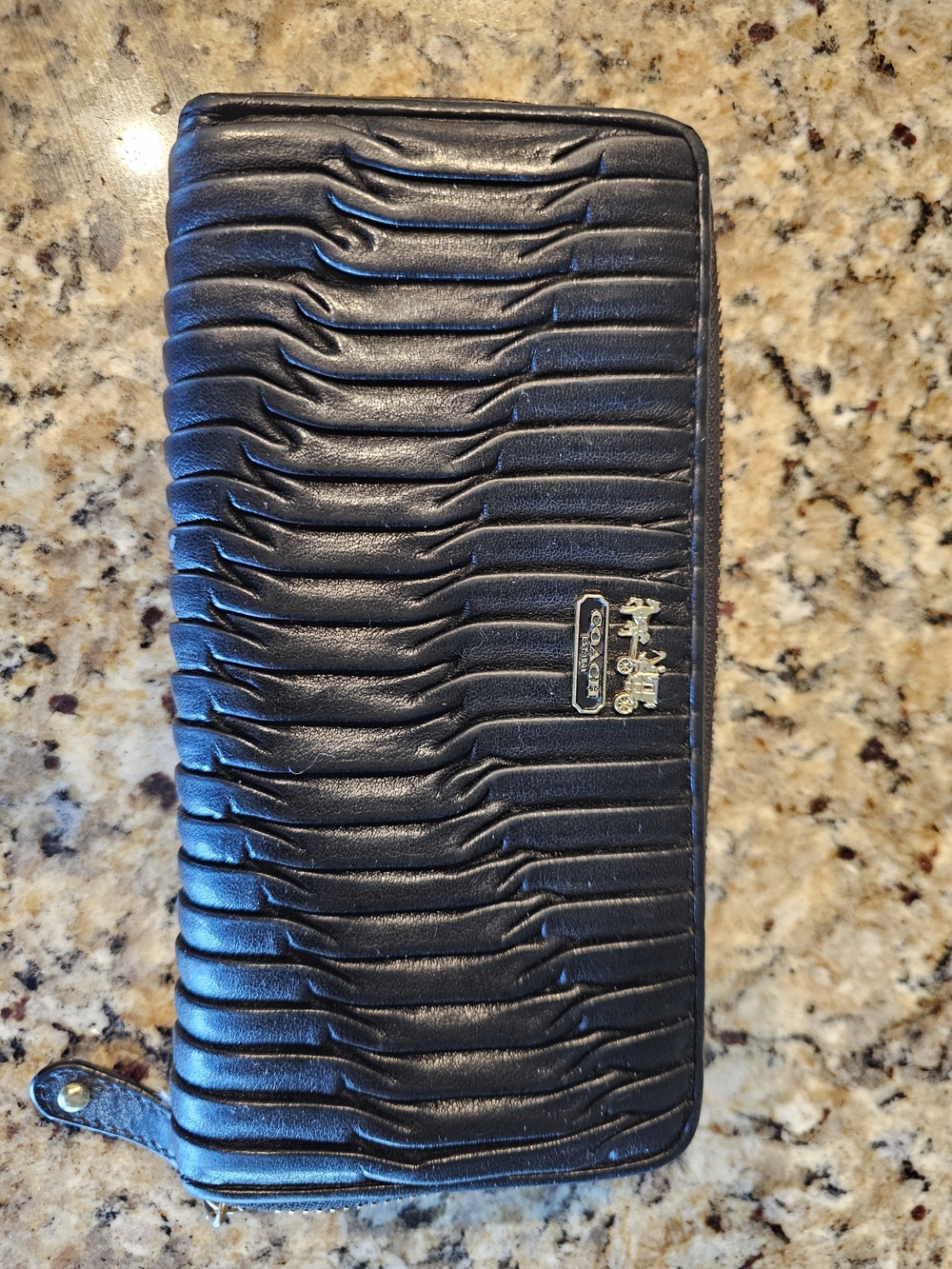 Coach Black Quilted Leather Zip Card Holder with Gold Logo